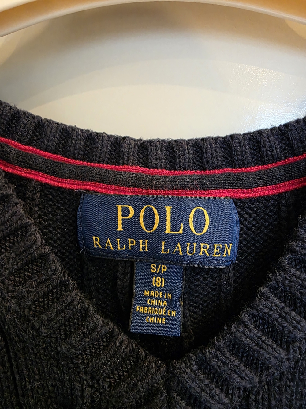 Polo by Ralph Lauren Navy Cable Knit Sweater with Red Trim - Picture 3 of 4